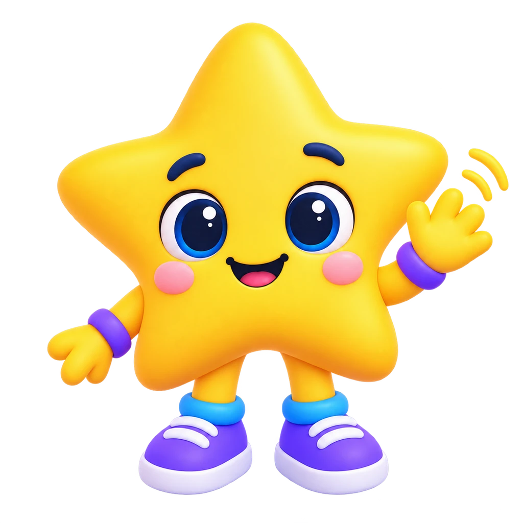 Усміхнена жовта зірочка StarSteps у фіолетових кедах махає рукою